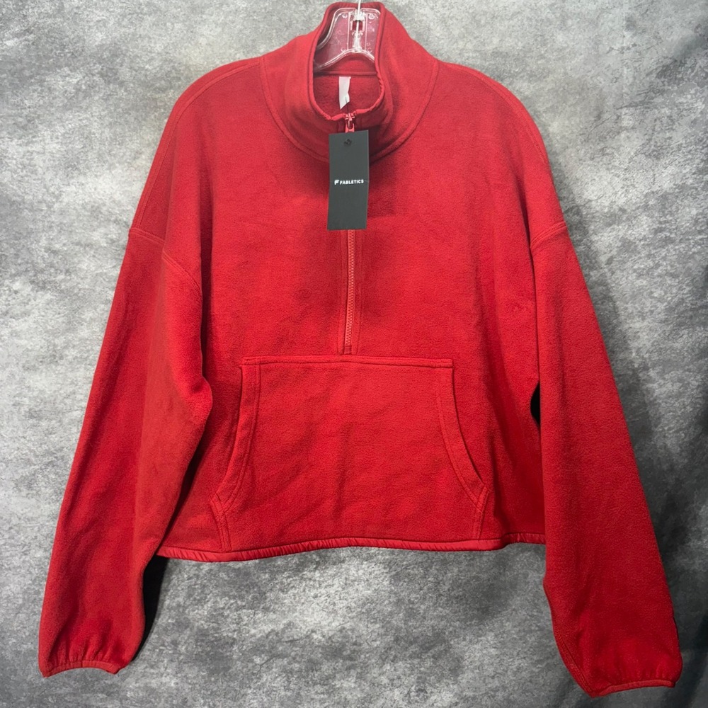 Fabletics No Chill Fleece Half Zip Red Size M Cropped Boxy Oversized Pocket NWT
